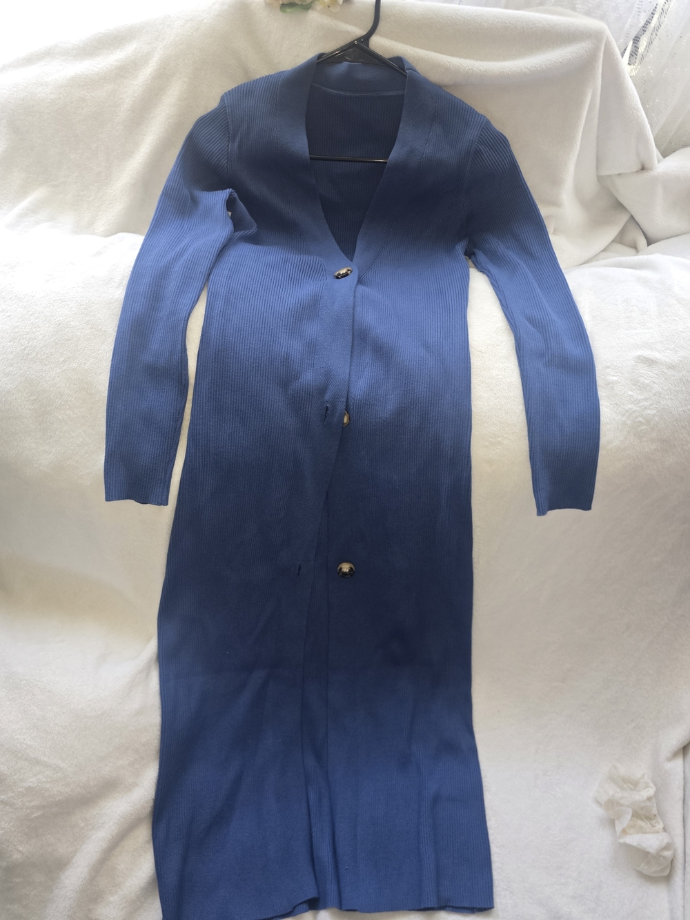 Women’s Blue Ribbed Knit 2-Piece Set V-Neck Dress & Long Sleeve Button Cardigan